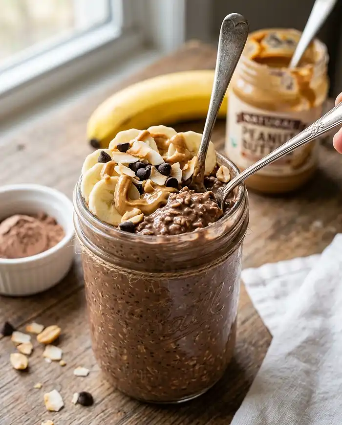 Healthy chocolate peanut butter banana overnight oats​