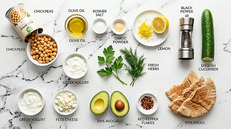 Main ingredients for Cucumber Avocado Chickpea Salad
