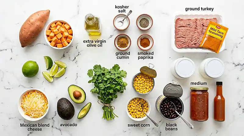 ingredients for Loaded Turkey Taco Sweet Potato Bowls
