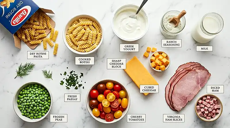 Greek Yogurt Ranch Pasta Salad 2 ingredients of Greek Yogurt Ranch Pasta Salad
