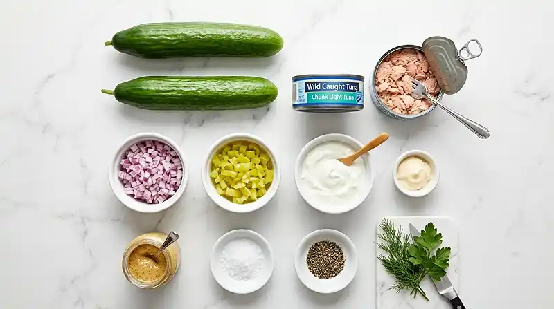 ingredients of the Mediterranean Tuna Cucumber Boats