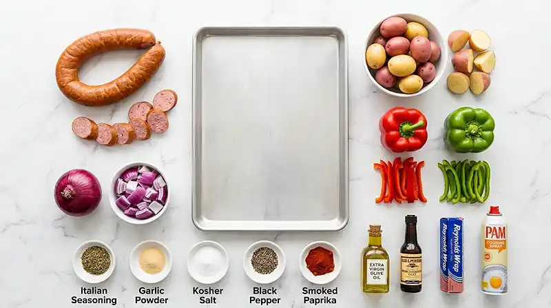 Sheet Pan Sausage Peppers and Potatoes 2 ingredients of the Sheet Pan Sausage Peppers and Potatoes