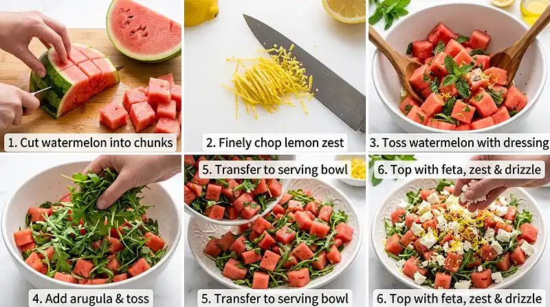 preparing the Watermelon Feta Mint Salad