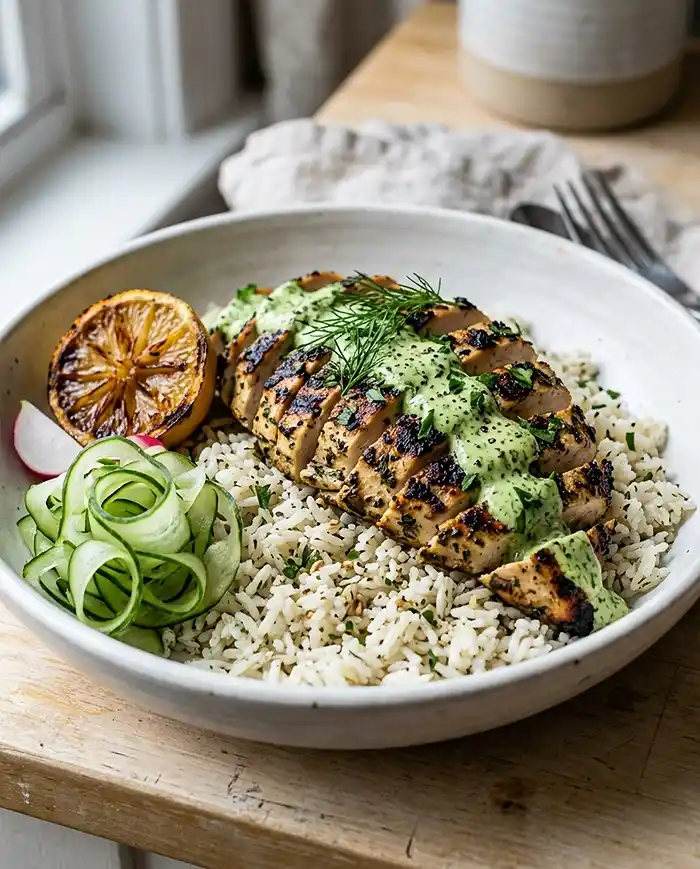 Healthy Dinner Bowl Recipes: The Complete Guide 3 Close-up of a lemon herb chicken rice bowl with sliced chicken, fresh herbs, cucumber, and herb sauce in a white ceramic bowl