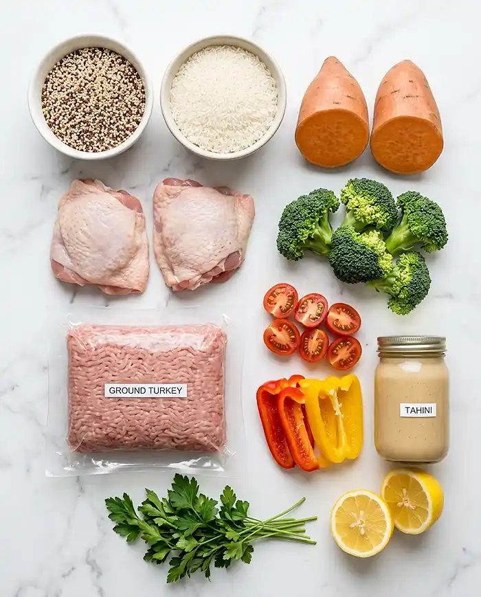 Healthy Dinner Bowl Recipes: The Complete Guide 2 Flat lay of healthy dinner bowl ingredients including quinoa, chicken thighs, ground turkey, sweet potato, fresh vegetables, tahini, and lemon on a marble surface