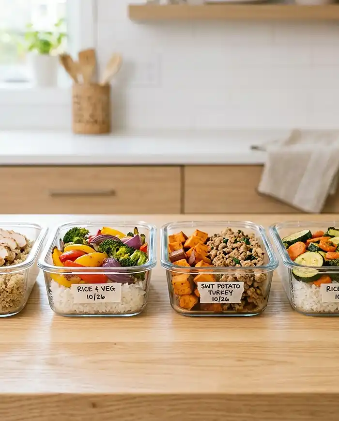 Healthy Dinner Bowl Recipes: The Complete Guide 14 Four glass meal prep containers filled with Healthy Dinner Bowl Recipes components — quinoa, chicken, rice, roasted vegetables, and sweet potato — ready for the week