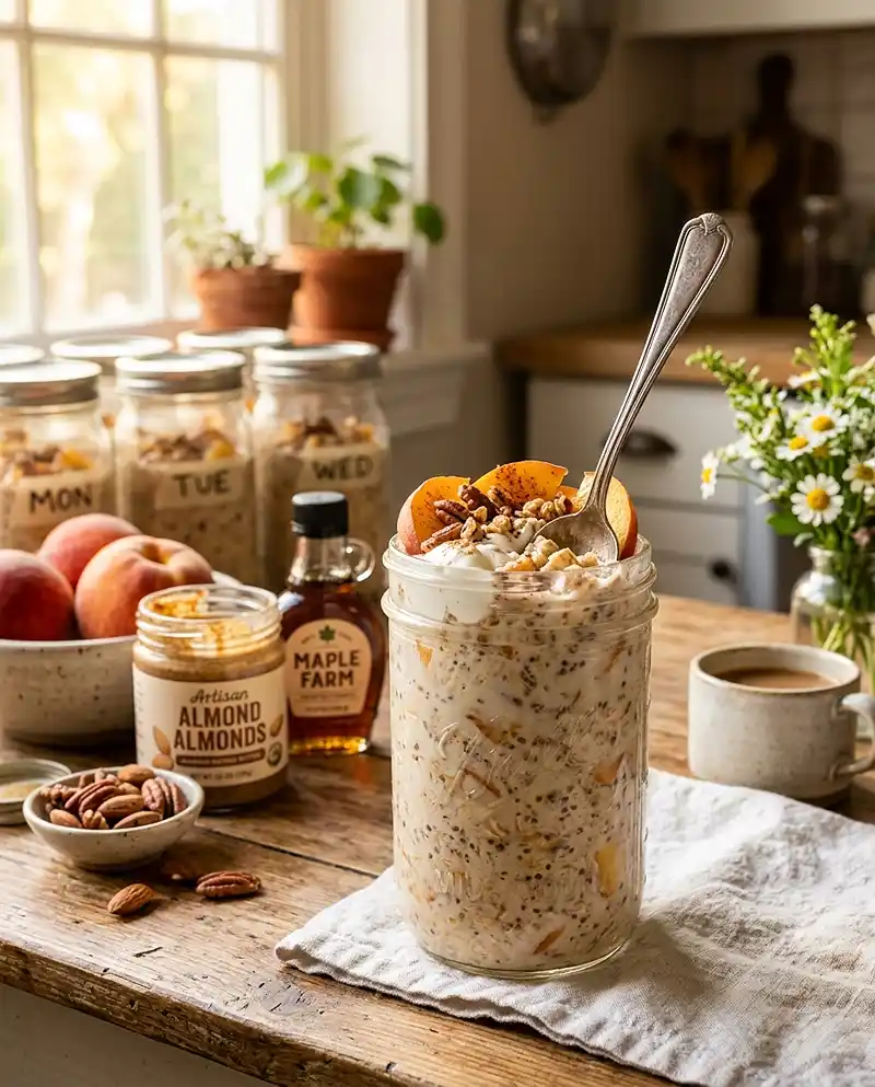 Peach Cobbler Overnight Oats 4 Peach Cobbler Overnight Oats recipe