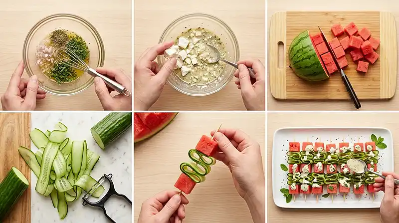 Watermelon Cucumber Skewers 3 how to make Watermelon Cucumber Skewers