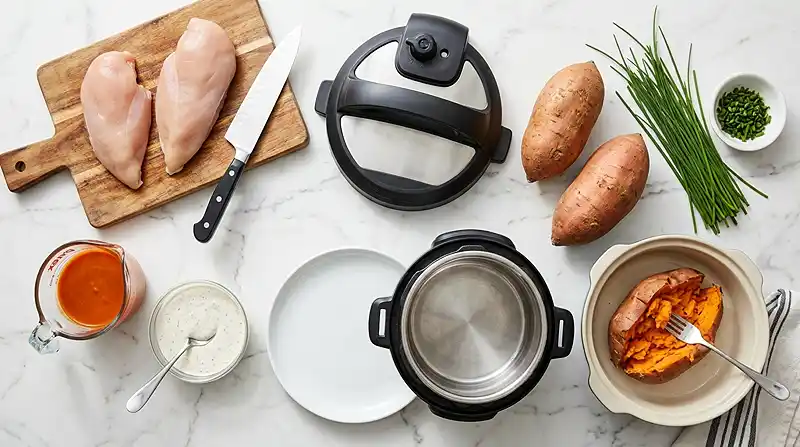 ingredients for Buffalo Chicken Stuffed Sweet Potatoes
