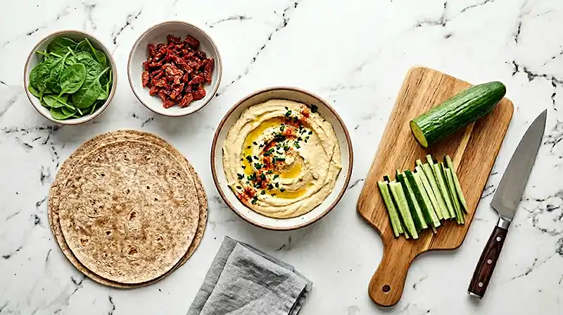 Hummus Veggie Pinwheels 2 ingredients for Hummus Veggie Pinwheels