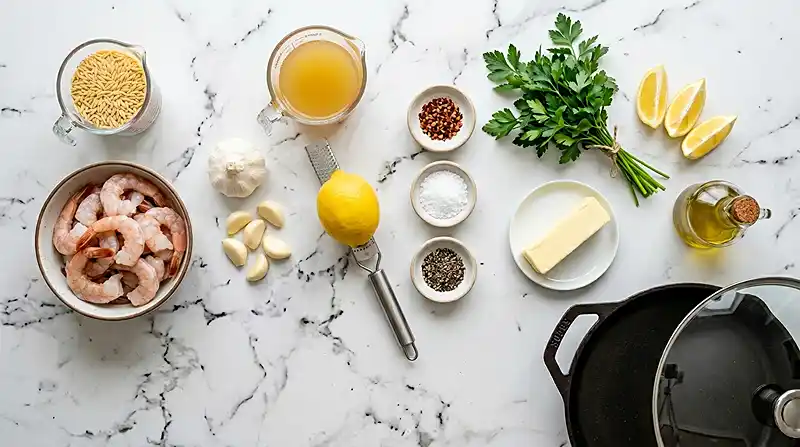 One Pan Garlic Butter Shrimp Orzo 2 ingredients for One Pan Garlic Butter Shrimp Orzo