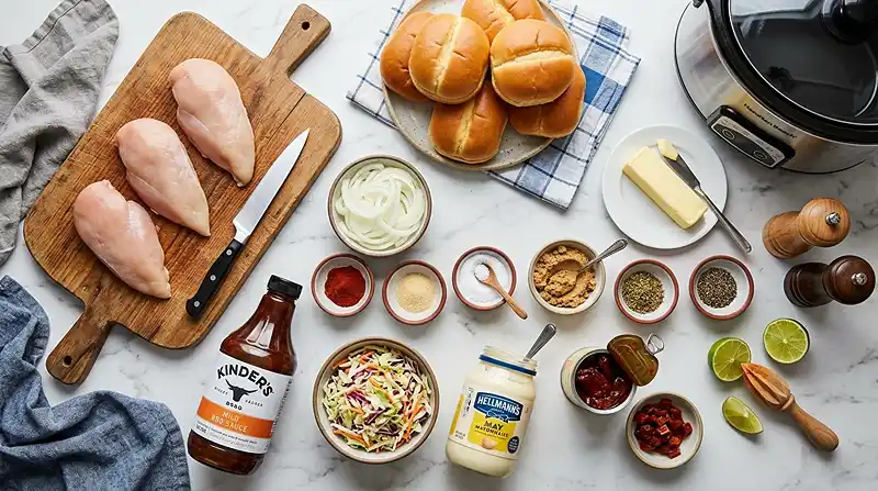 Slow Cooker BBQ Chicken Sandwiches 2 ingredients for Slow Cooker BBQ Chicken Sandwiches