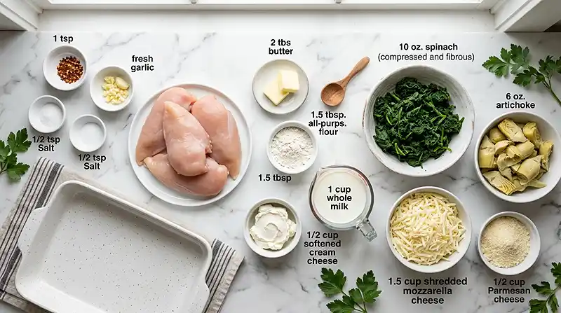 Spinach Artichoke Chicken Casserole 2 ingredients for Spinach Artichoke Chicken Casserolev²