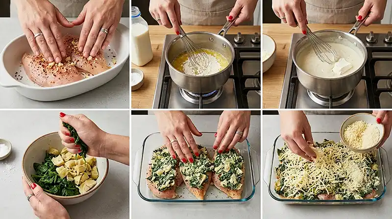 Spinach Artichoke Chicken Casserole 3 making the Spinach Artichoke Chicken Casserole