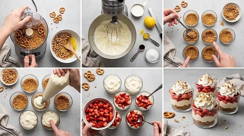 Strawberry Pretzel Salad Cups 3 making the Strawberry Pretzel Salad Cups