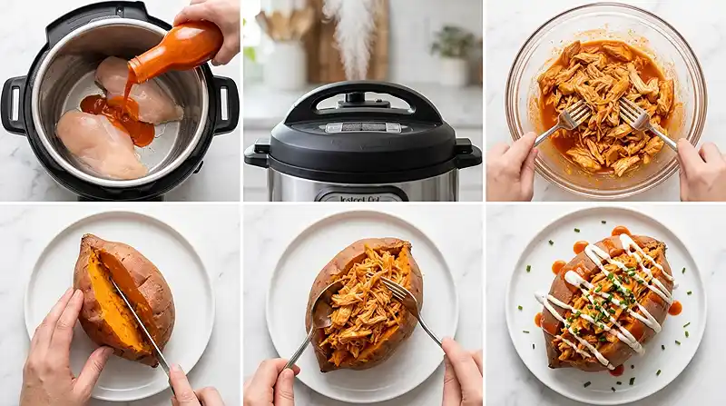 preparing the Buffalo Chicken Stuffed Sweet Potatoes