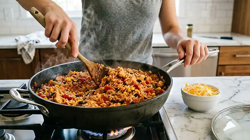 Cheesy Chicken Taco Rice Bake 3 preparing the Cheesy Chicken Taco Rice Bake
