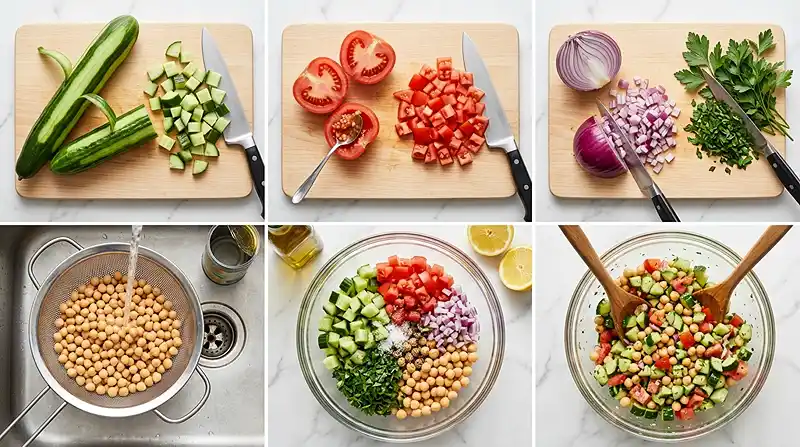 Cucumber Tomato Chickpea Salad 3 preparing the Cucumber Tomato Chickpea Salad