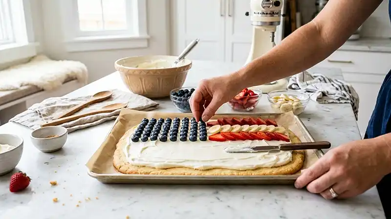 preparing the Patriotic Fruit Pizza