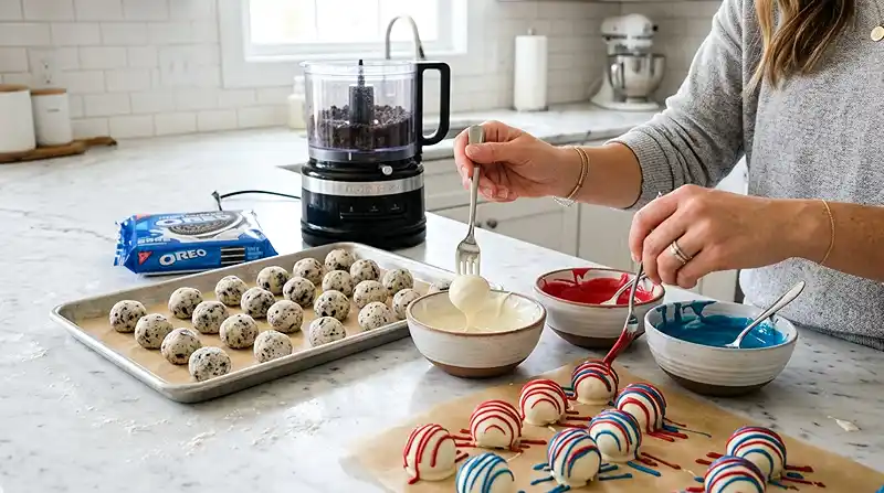 Patriotic Oreo Truffles 3 preparing the Patriotic Oreo Truffles