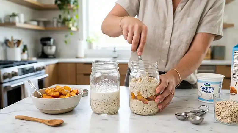 Peach Crisp Overnight Oats 4 preparing the Peach Crisp Overnight Oats