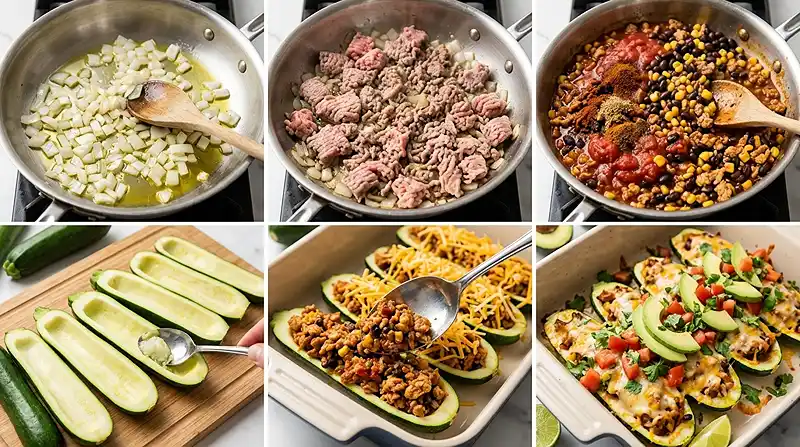 Turkey Taco Zucchini Boats 3 preparing the Turkey Taco Zucchini Boats