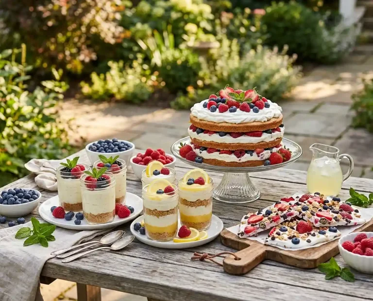 Assorted no-bake summer dessert recipes displayed on a sunny outdoor table