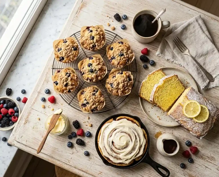 Brunch table spread with muffins, lemon loaf, cinnamon roll cake, and fresh berries