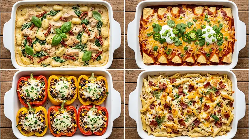 Family Dinner Casseroles and Bakes 18 Collection of four family dinner casseroles including Tuscan gnocchi bake, enchilada bake, stuffed peppers, and pasta bake