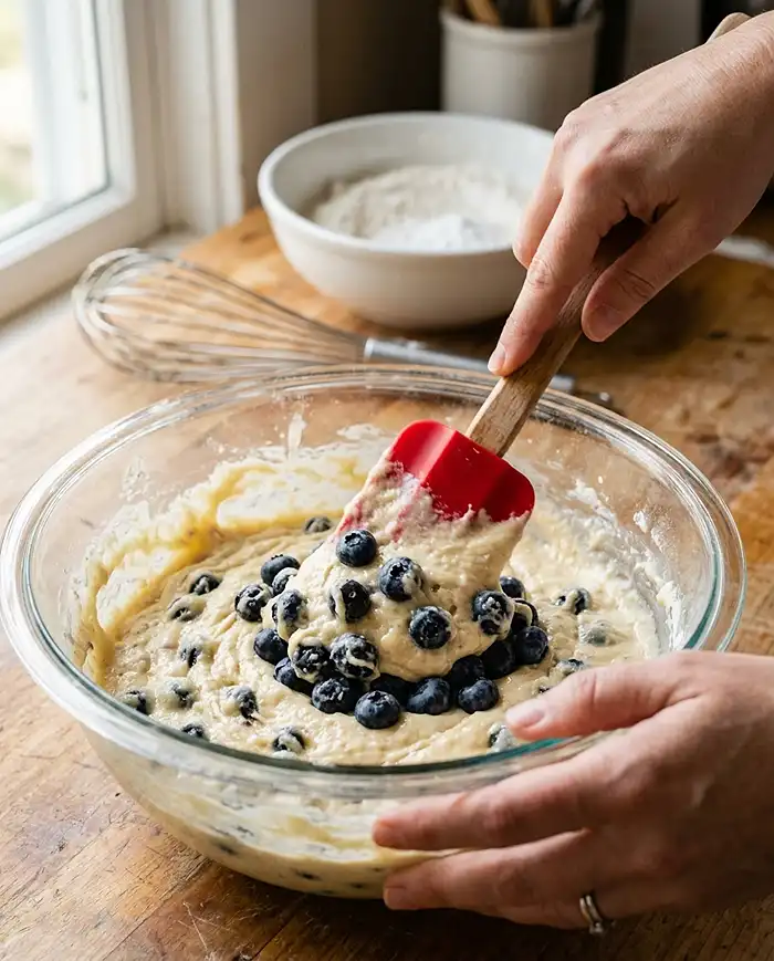 Folding fresh blueberries into muffin batter to avoid overmixing in breakfast baking