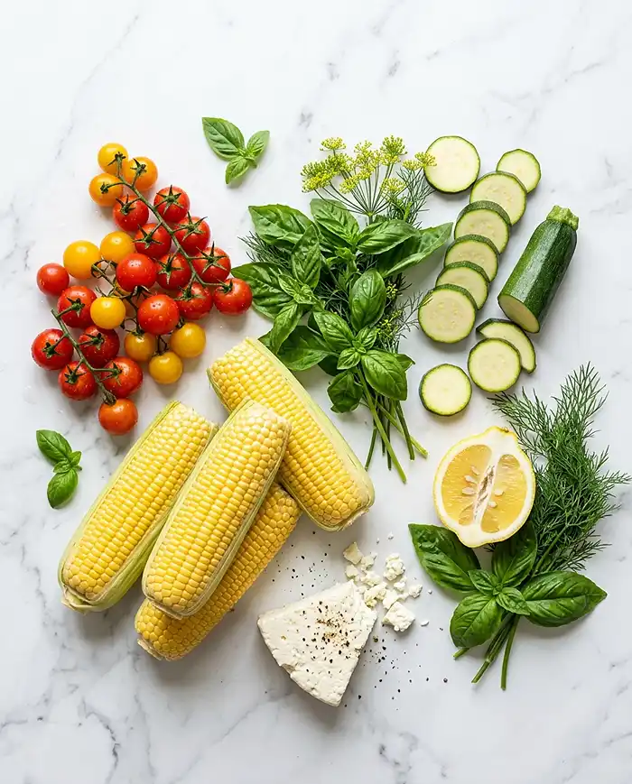 Summer Appetizers and Party Snacks 2 Fresh summer ingredients for appetizers including tomatoes, zucchini, corn, and herbs on a marble surface