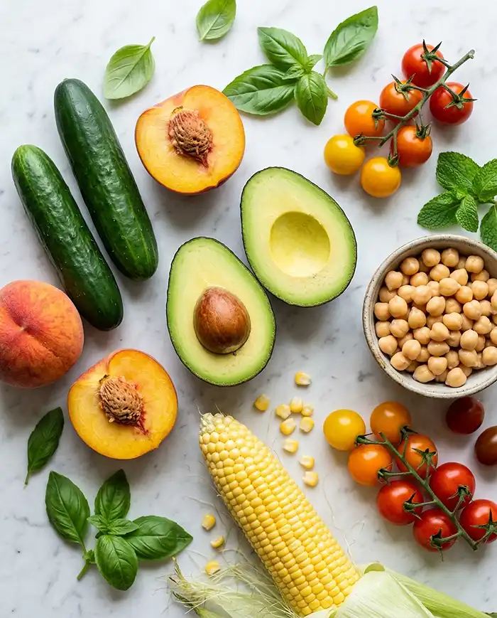 Fresh Summer Produce Salad Recipes 2 Fresh summer produce salad ingredients including cucumbers, avocados, corn, peaches, tomatoes, and chickpeas on a marble surface