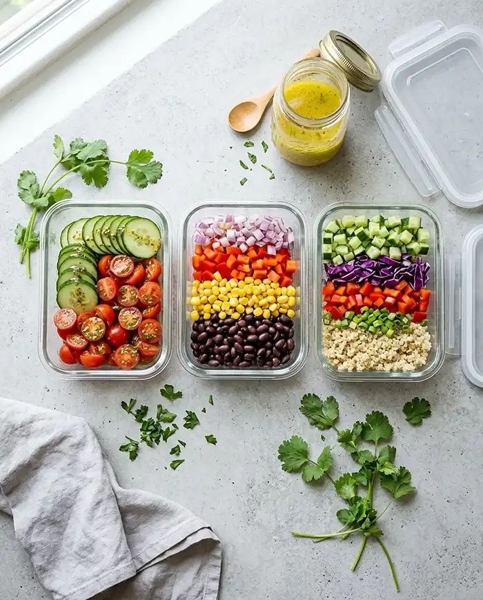Fresh Summer Produce Salad Recipes 14 Glass meal prep containers filled with portioned Fresh Summer Produce Salad Recipes including cucumber tomato, black bean corn, and quinoa salad