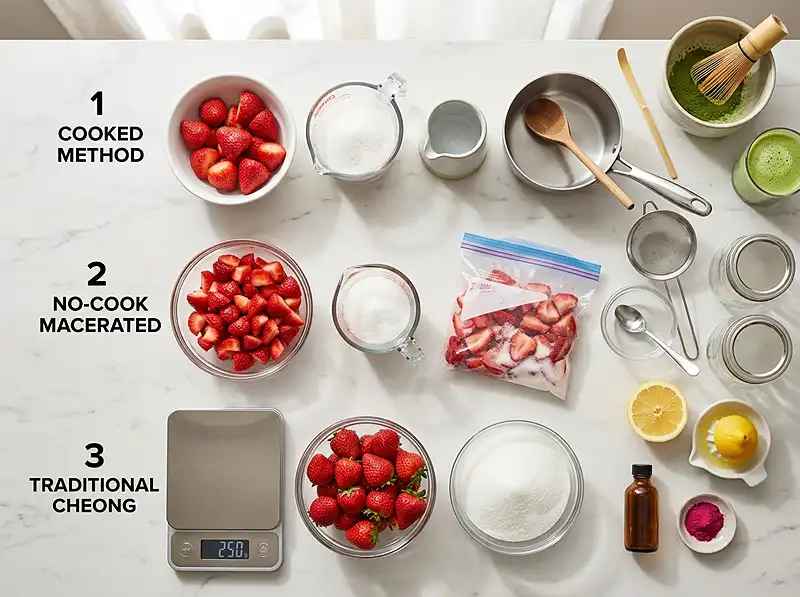 Ingredients for the best strawberry syrup for matcha​