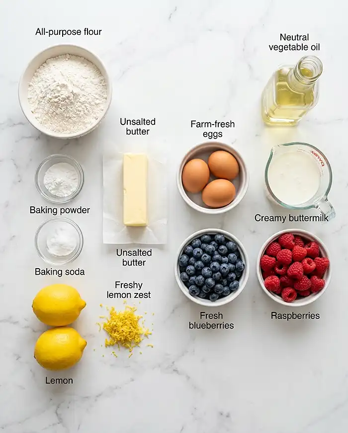 Key ingredients for brunch and breakfast baking recipes including flour, leavening, butter, oil, and fresh fruit