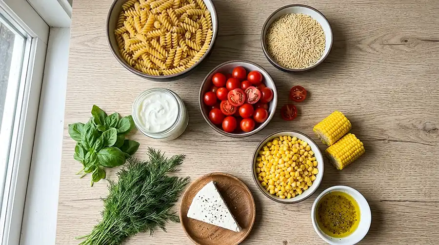 Summer Picnic Side Salads and Pasta Salads 2 Key ingredients for summer pasta salads including pasta shapes, Greek yogurt, fresh herbs, corn, and tomatoes