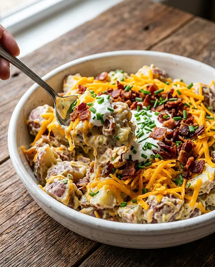 Summer Picnic Side Salads and Pasta Salads 16 Loaded baked potato salad topped with cheddar, bacon, sour cream, and chives in a white bowl