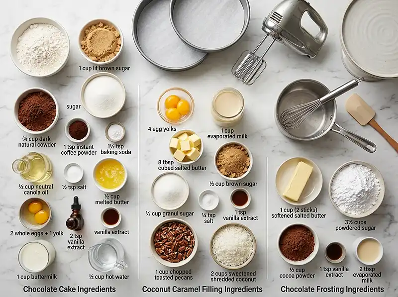 Main ingredients for german chocolate cake recipe