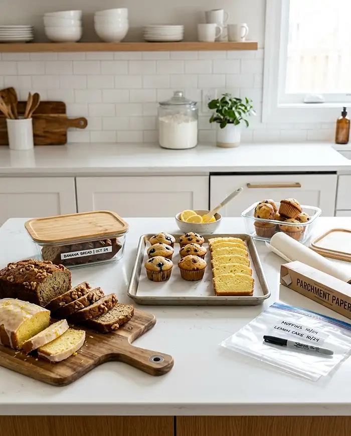 Muffins and sliced loaf cakes stored in airtight containers and on a sheet pan for freezing