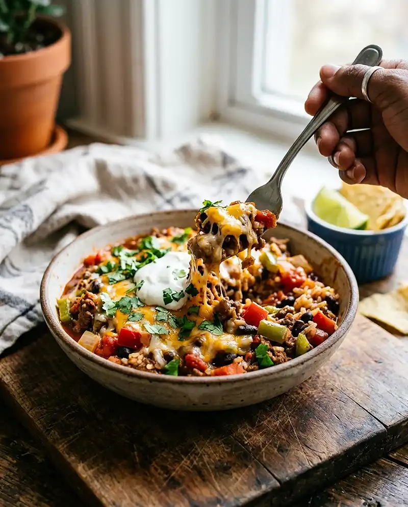 One Pan Beef Enchilada Rice recipe