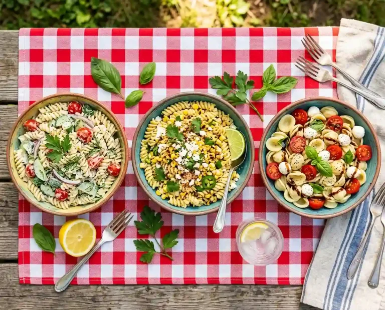 Overhead view of three summer picnic side salads and pasta salads in bowls on a checkered outdoor table