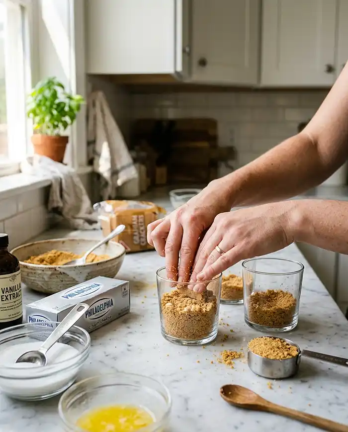 No-Bake Summer Dessert Recipes 2 Preparing crusts for no-bake summer desserts in individual dessert cups
