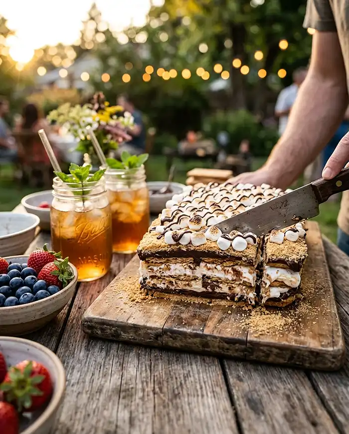 No-Bake Summer Dessert Recipes 17 Slicing a chilled s'mores icebox cake for a summer party