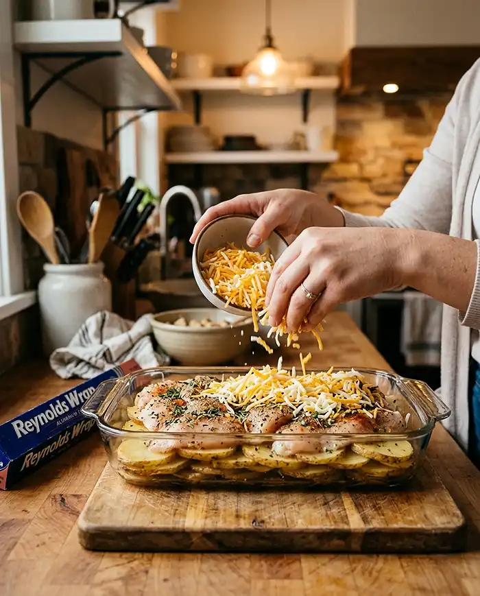 Family Dinner Casseroles and Bakes 3 Step-by-step layering of a chicken and potato casserole with cheese on top before baking