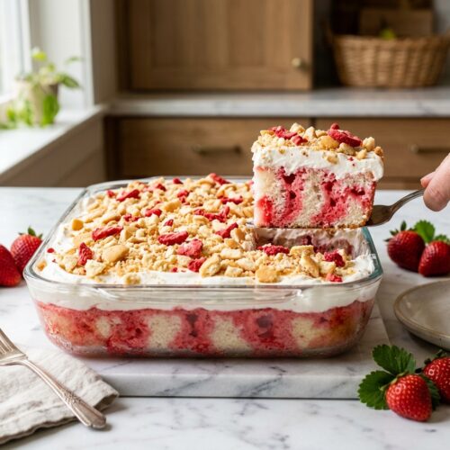 Strawberry Crunch Poke Cake 5 Strawberry Crunch Poke Cake