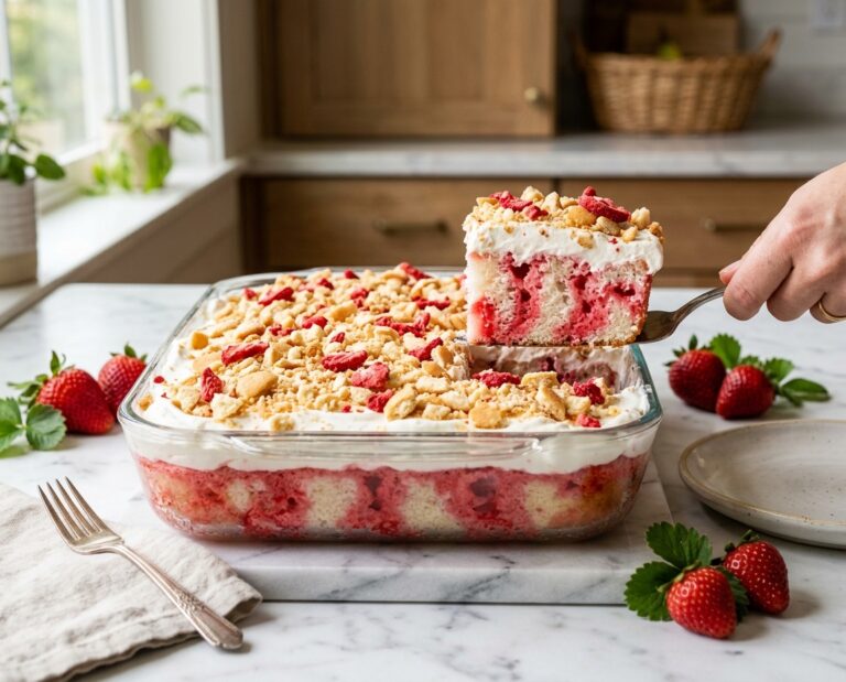 Strawberry Crunch Poke Cake