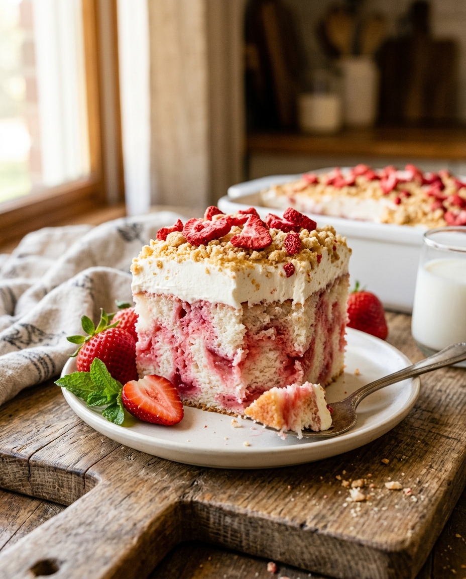 Strawberry Crunch Poke Cake 4 Strawberry Crunch Poke Cake recipe
