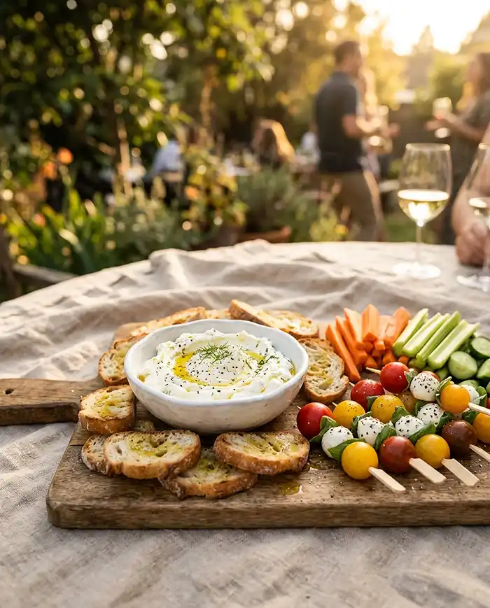 Summer Appetizers and Party Snacks 3 Summer party snack board with whipped dip, toasted crostini, skewers, and fresh vegetables
