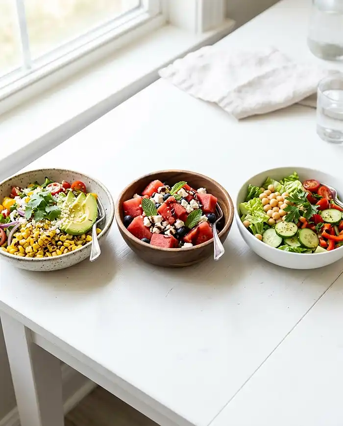 Fresh Summer Produce Salad Recipes 3 Three colorful summer salad bowls with corn avocado, watermelon feta, and chickpea cucumber arranged on a white table