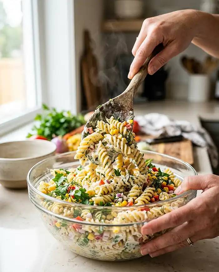 Summer Picnic Side Salads and Pasta Salads 3 Tossing warm pasta with creamy dressing in a mixing bowl to make make-ahead picnic salad
